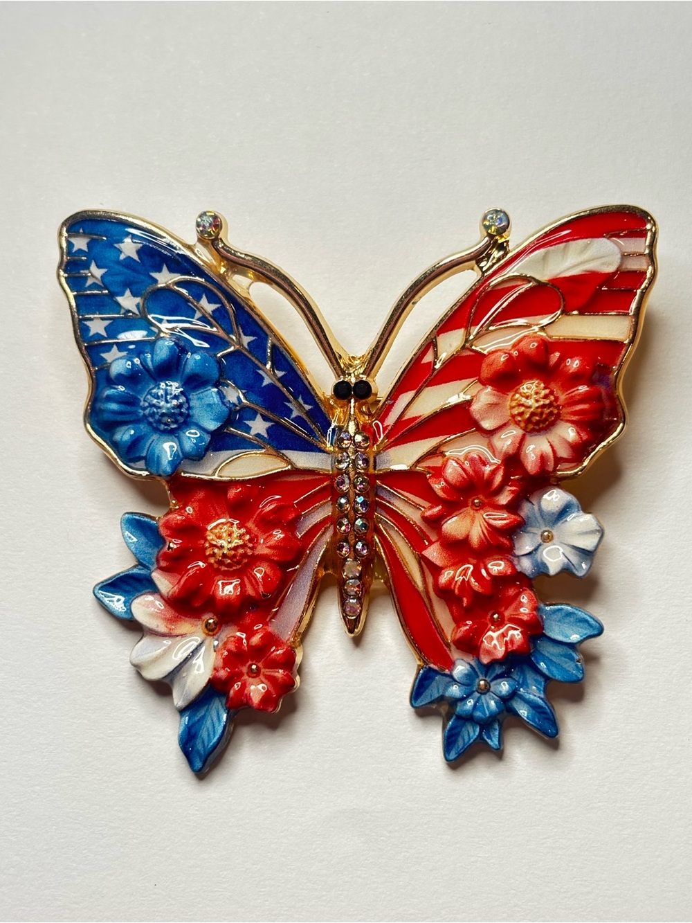 Patriotic USA Flag Butterfly Brooch Red White Blue Enamel Floral Rhinestone Pin